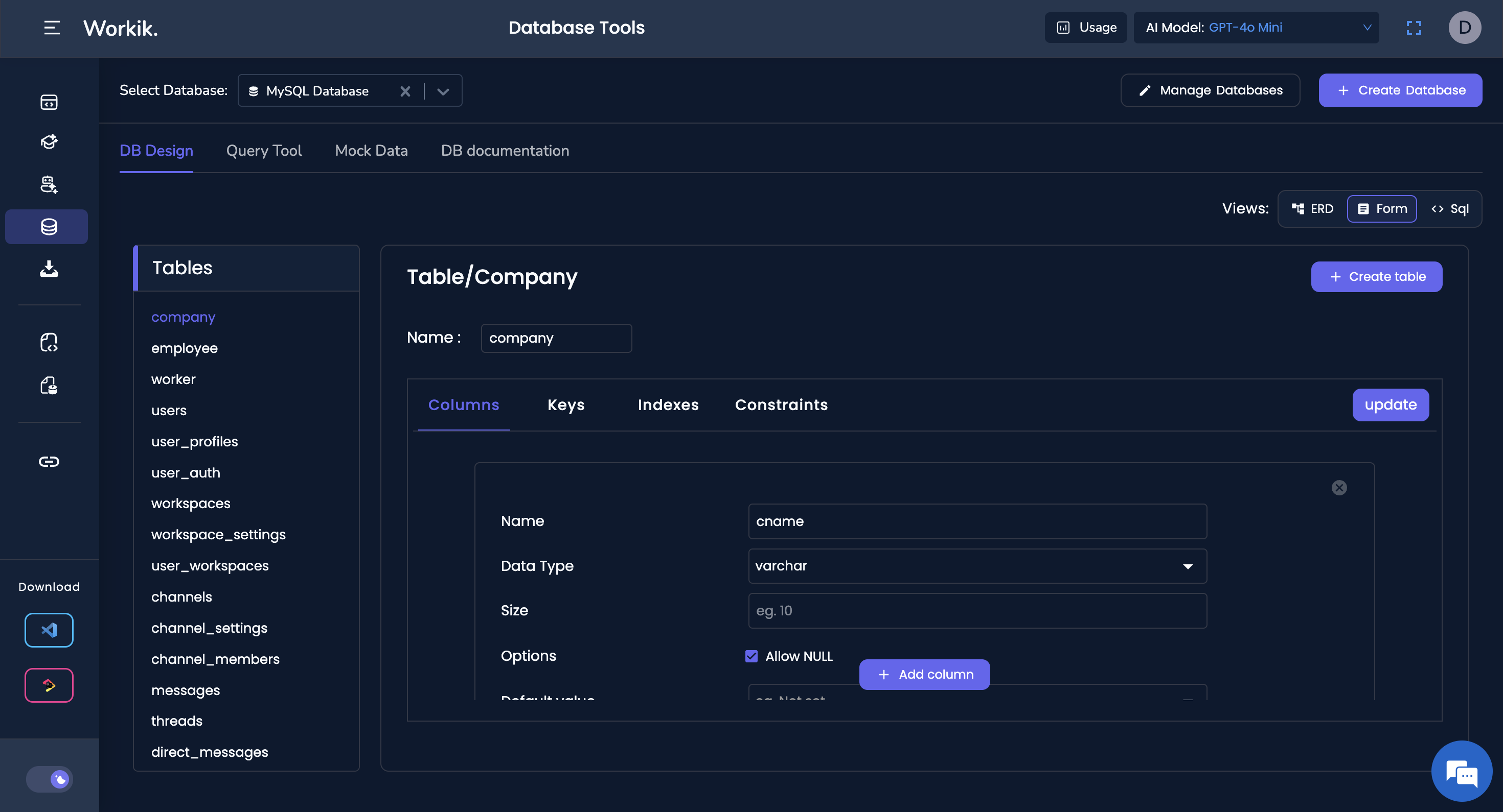 Adding DB structure to Workik workspace
